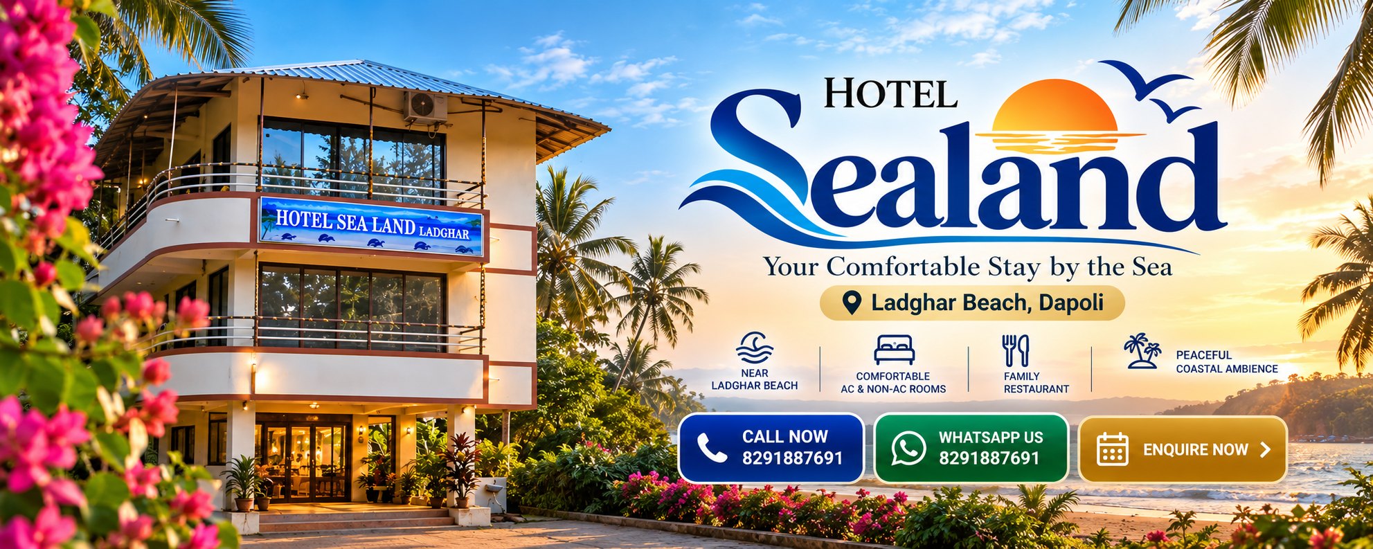 Hotel Sealand at sunset beside Ladghar Beach with palms and bougainvillea. Your Comfortable Stay by the Sea.