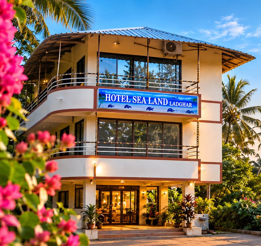 Hotel Sealand building at golden hour with bougainvillea and palms